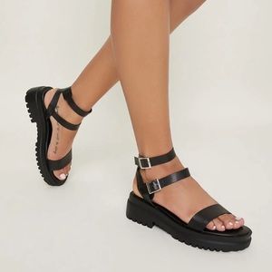 Black pleather buckle platform sandals